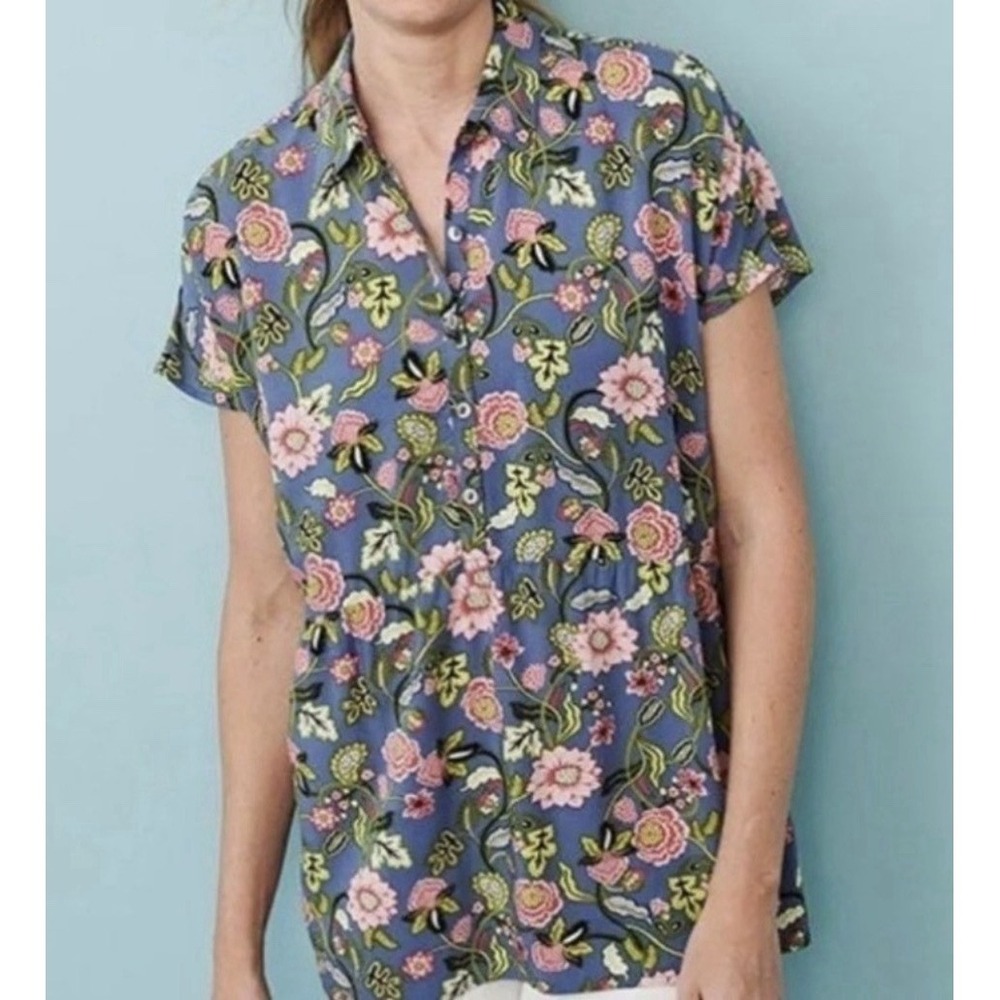 J Jill Peplum Shirt Women's Large Floral Blue Cottagecore Boho Paisley Soft Cozy